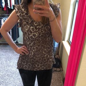 Pretty taupe patterned top with ruffle cap sleeves